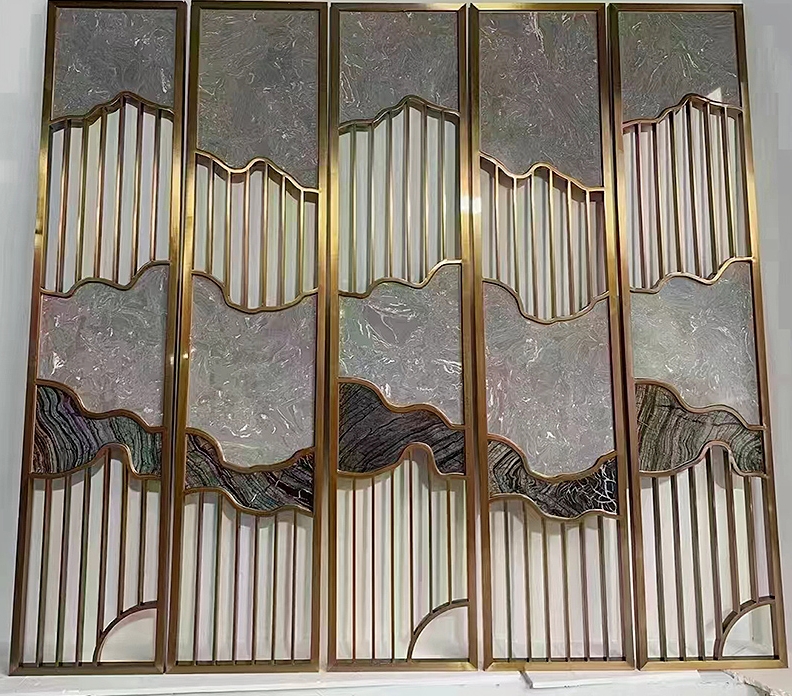 拉丝钛金无指纹不锈钢屏风 石纹亚克力中式金属格栅 酒店装饰工程